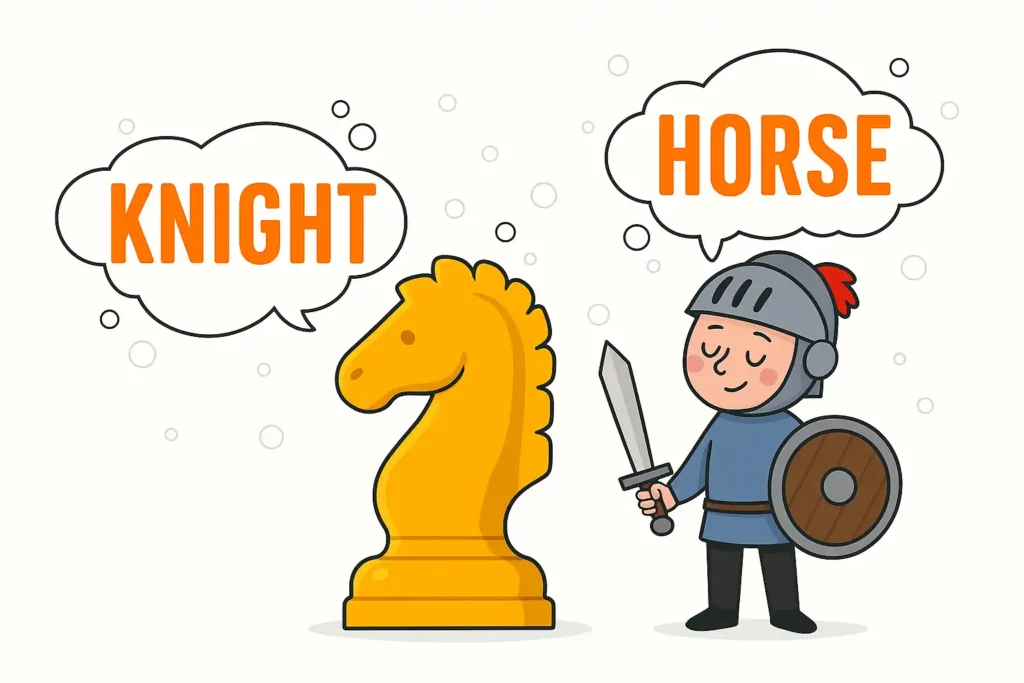Playful illustration of a knight chess piece and cartoon knight character labeled Knight and Horse, part of fun chess lessons for kids.