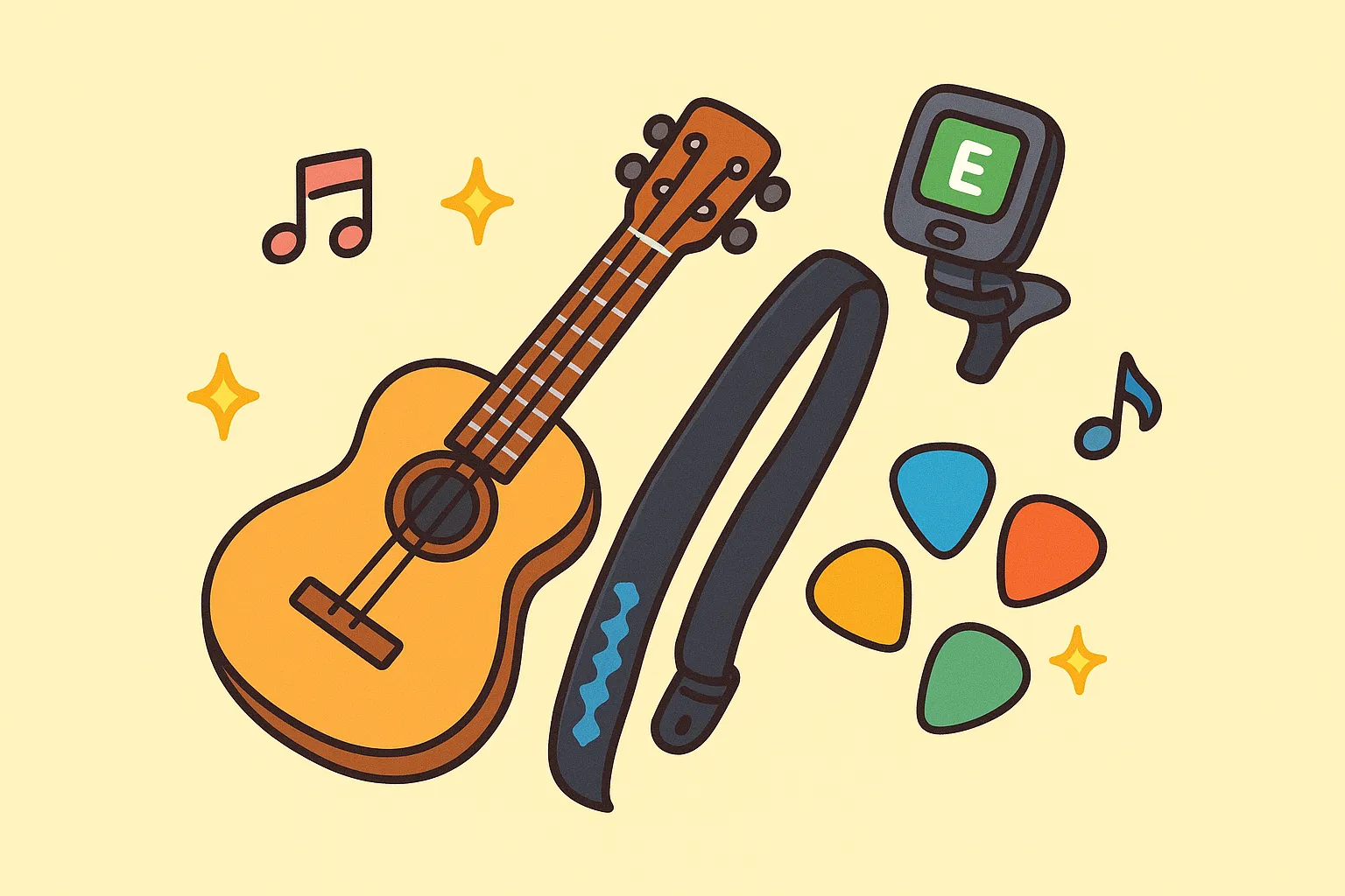 Beginner kids guitar setup with small nylon-string guitar, strap, tuner, and colorful picks