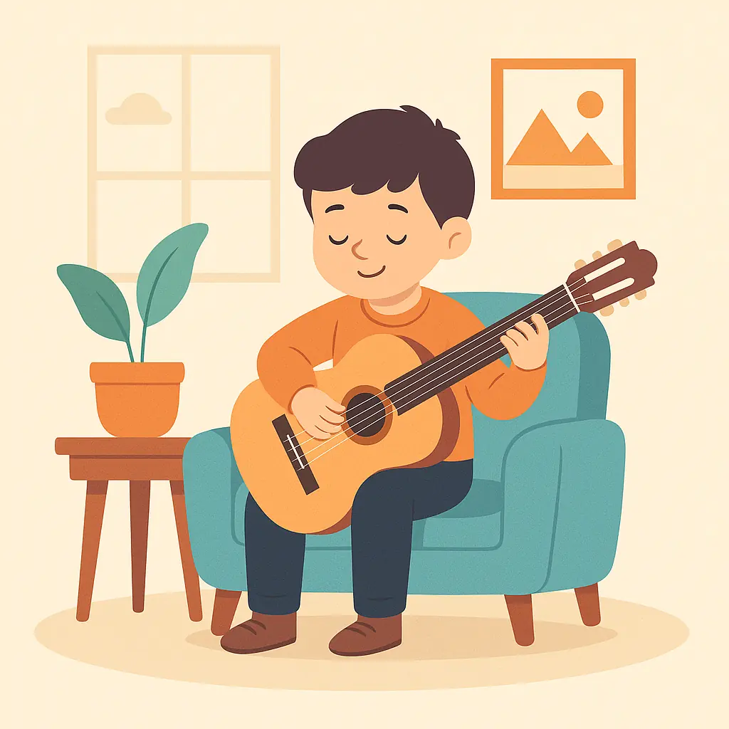 Child learning guitar happily at home