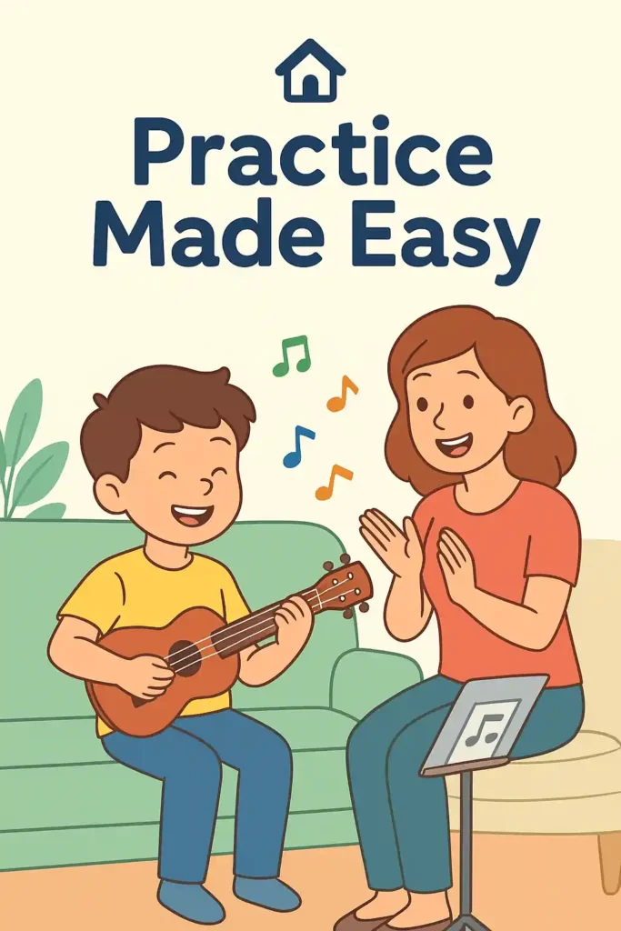Child practicing ukulele at home with parent encouragement, colorful music notes, and title Practice Made Easy with a home icon