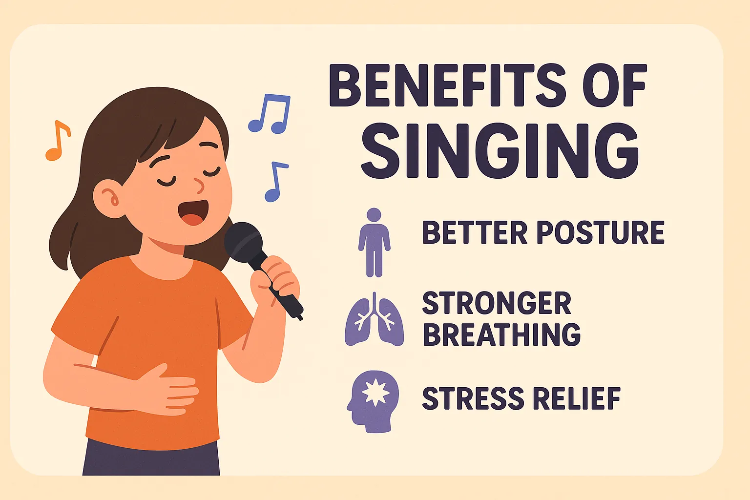Child practicing healthy breathing and good posture while singing