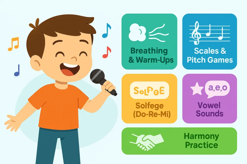 Cartoon boy singing with microphone on the left, colorful cards on the right showing lesson highlights: Breathing & Warm-Ups, Scales & Pitch Games, Solfege (Do-Re-Mi), Vowel Sounds, Harmony Practice.