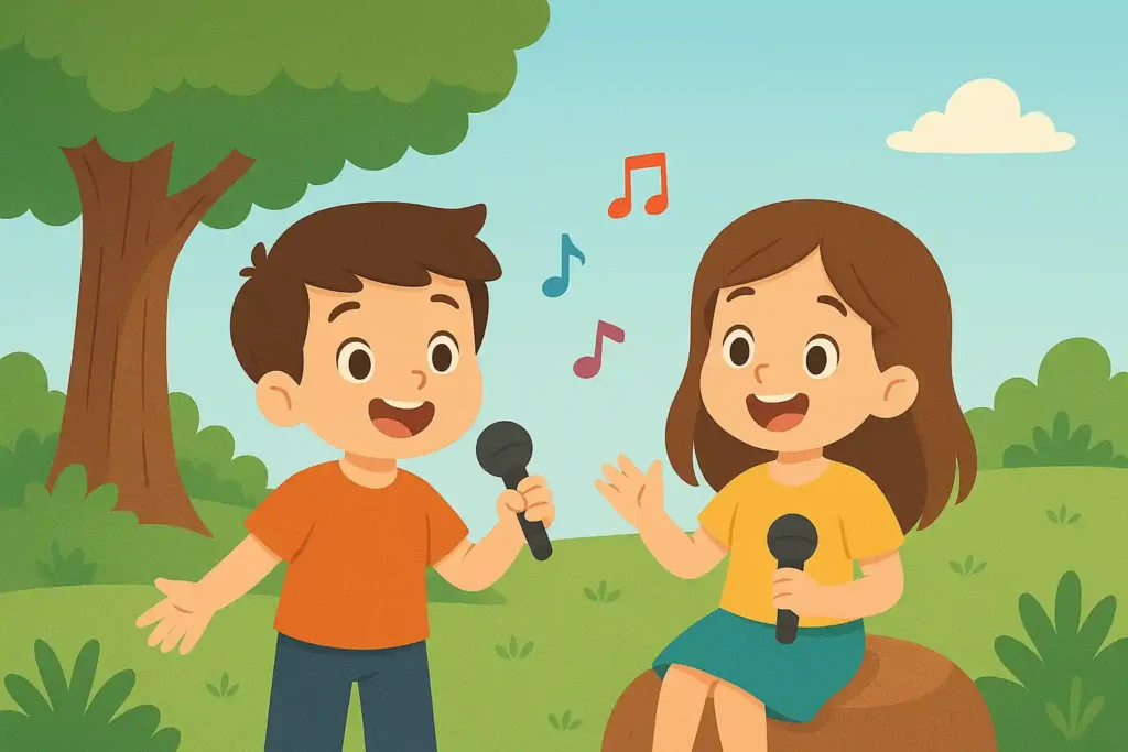 Two happy kids singing outdoors with microphones, colorful musical notes floating in the air, nature background with trees and grass.
