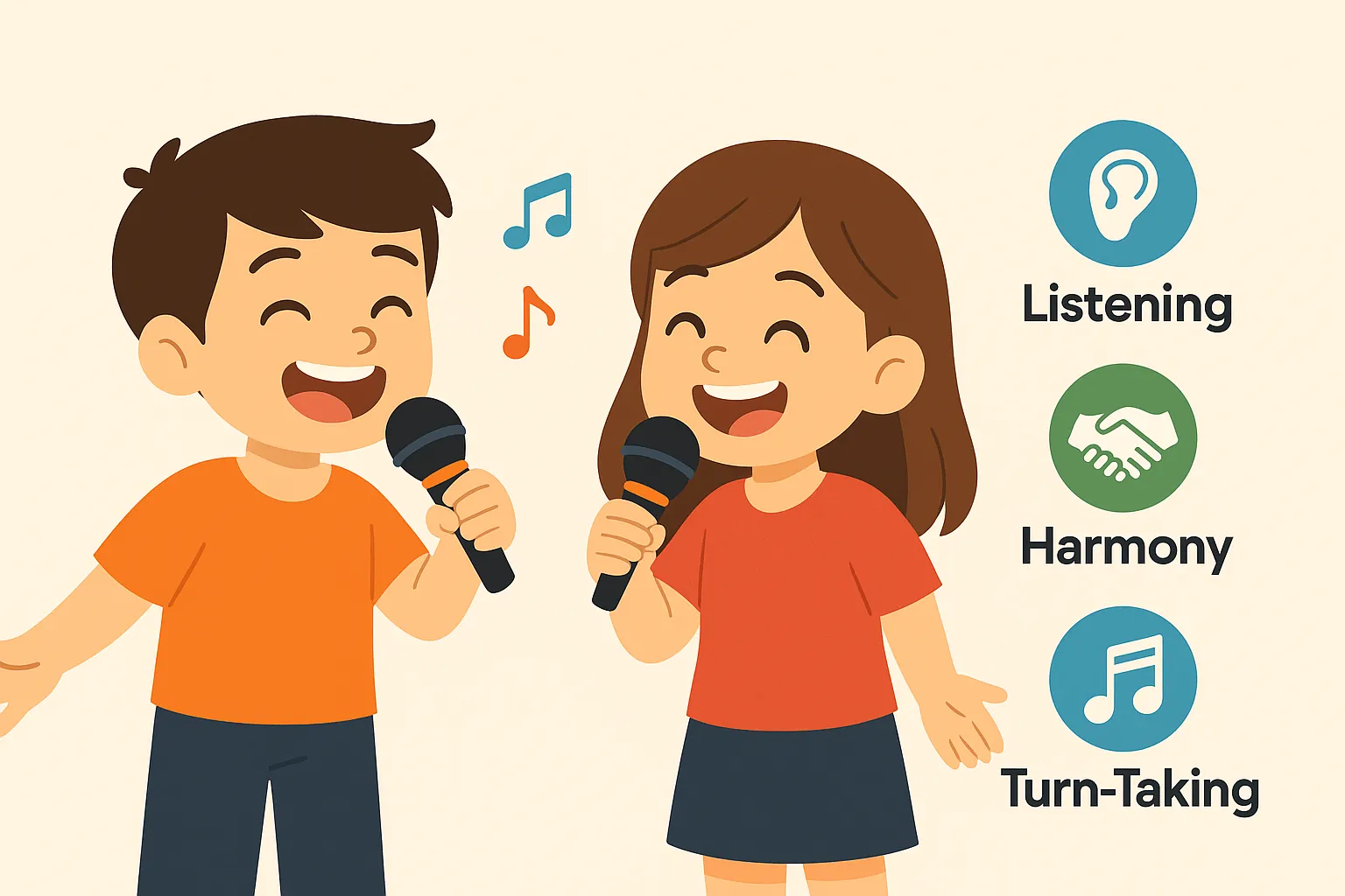Two kids singing a duet with icons for listening, harmony, and turn-taking—illustrating how singing builds social skills and teamwork