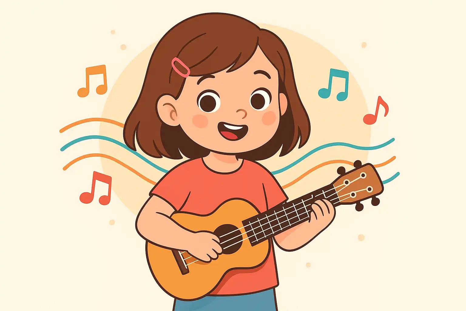 Smiling child holding a ukulele with colorful musical notes – ukulele lessons for kids
