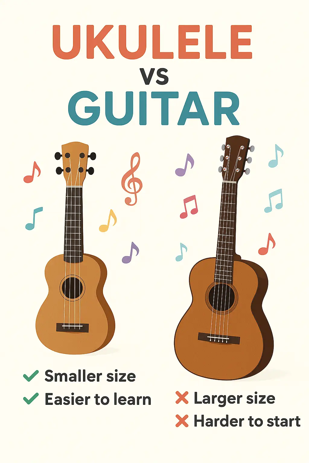 Side by side comparison of a child holding a ukulele and another holding a guitar – ukulele vs guitar for kids