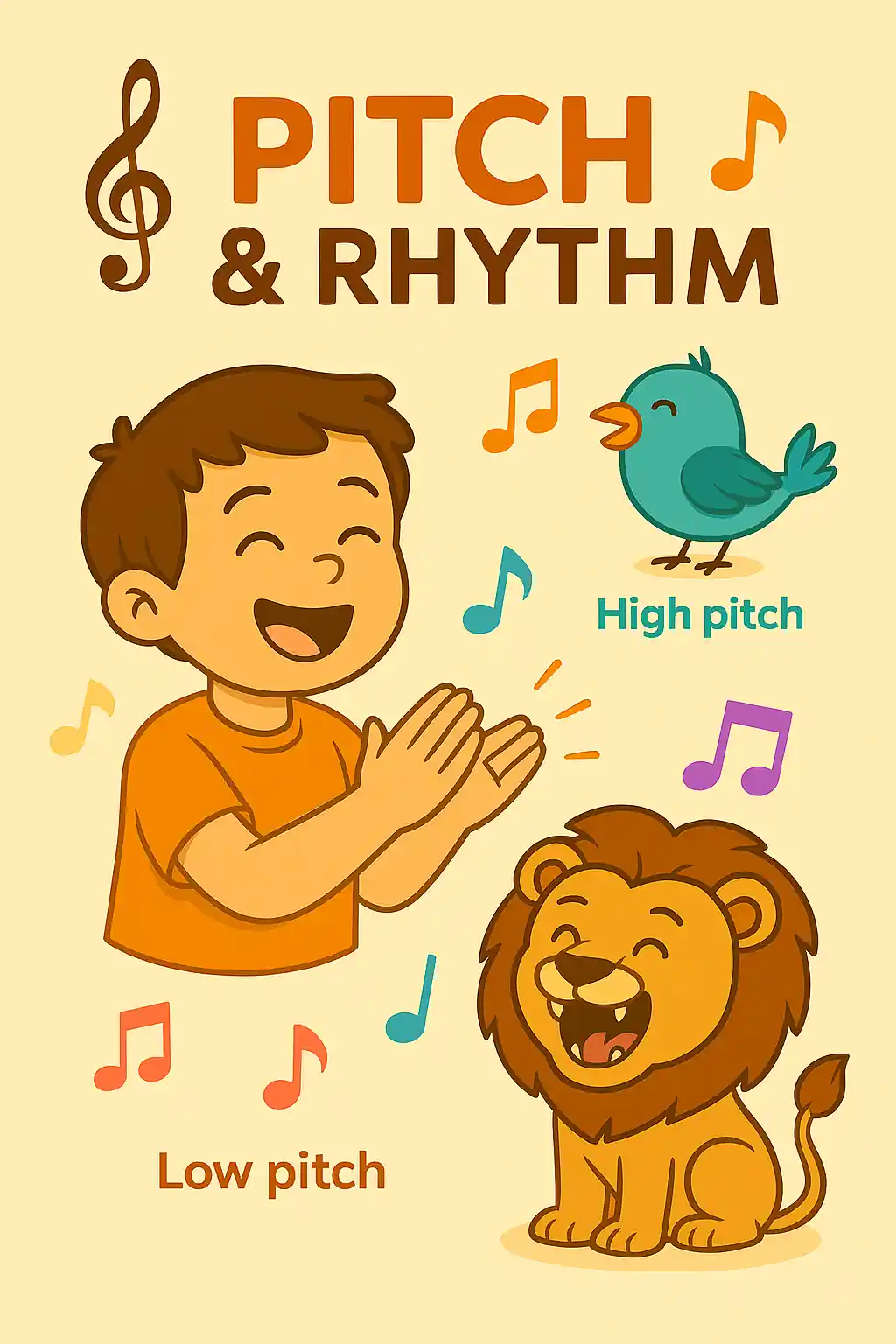 Child-friendly illustration showing high pitch (bird) and low pitch (lion) with clapping rhythm in music theory for kids